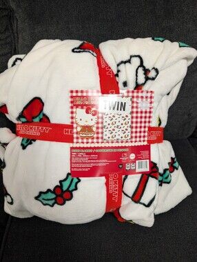 Hello Kitty White Plush Blanket with Red & Green Holiday Motifs